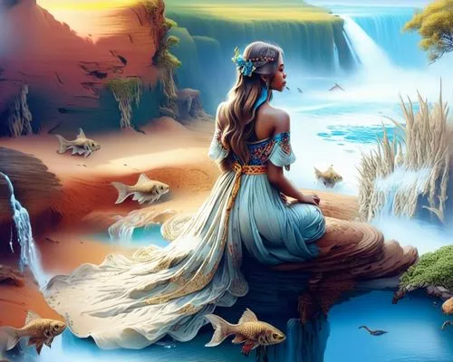 the princess is sitting on a ledge in front of the waterfall,fantasy picture,mermaid background,amphitrite,fantasy art,tuatha,naiad,Illustration,Realistic Fantasy,Realistic Fantasy 15