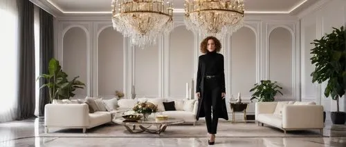 Luxurious modern living room, artistic interior design, elegant lady, 30yo, curly brown hair, subtle makeup, black turtleneck sweater, high-waisted white pants, stilettos, standing, posing, spacious r