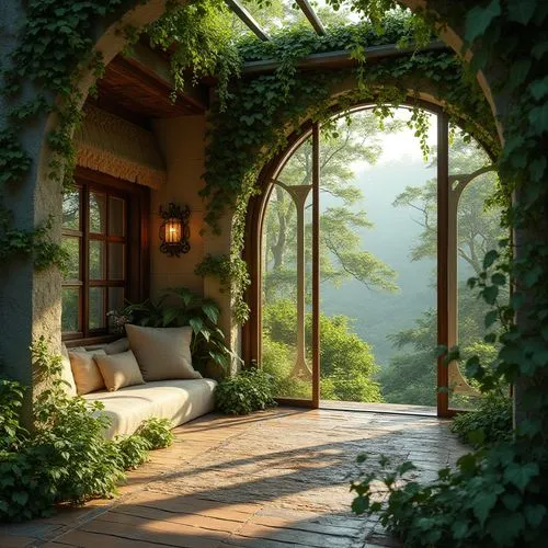 front porch,porch,home landscape,garden door,summer cottage,porch swing,roof landscape,beautiful home,seclude,ghibli,rivendell,idyllic,archways,cottage,studio ghibli,hideaway,idyll,garden bench,dreamhouse,the threshold of the house,Photography,General,Realistic