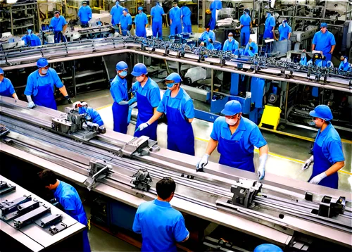 Factory setting, mass production line, numerous machines, conveyor belts, assembly lines, robotic arms, workers in uniform, safety goggles, gloves, blue overalls, aprons, tools, machinery parts, metal