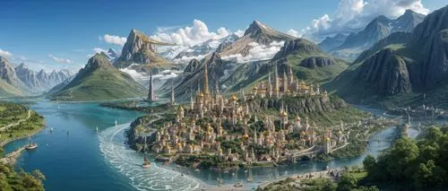 fantasy landscape,fantasy city,fantasy world,mountain settlement,elves flight,3d fantasy,imperial shores,fantasy picture,northrend,ancient city,heroic fantasy,futuristic landscape,mountainous landscape,island of juist,an island far away landscape,fantasy art,fairy tale castle,aurora village,mountain world,castle of the corvin