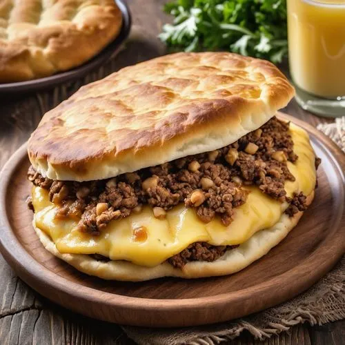 ćevapi,moussaka,meat pie,beef pancake,sloppy joe,cevapcici,ekmek kadayıfı,beef mince,steak pie,adana kebabı,khachapuri,breakfast sandwiches,sausage bread,cheese burger,breakfast sandwich,pastitsio,georgian cuisine,empanada,cheese bun,savory biscuits,Photography,General,Realistic