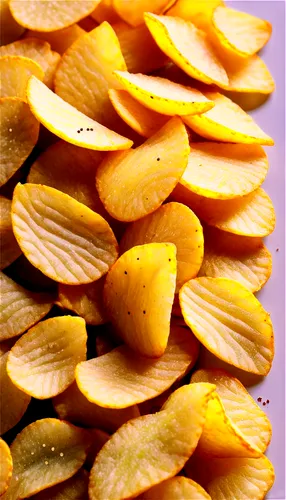 Crunchy snack, close-up, macro shot, golden lighting, shallow depth of field, realistic texture, crispy potato chips, ridged surface, salty seasoning, scattered crumbs, white background, high contrast