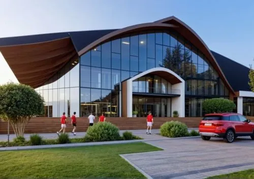 A team of seasoned athletes stand in front of a complex sports complex, each wearing a red and white checkered shirt and blue shorts. The sun shines brightly overhead as the team expertly watches the 