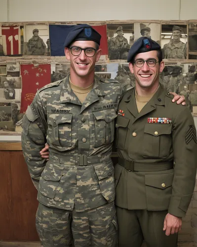 Imagine a light-hearted moment in the warby, where soldiers exchange jokes and laughter.,airmen,airman,military uniform,us army,gallantry,military person,honor award,military rank,graduation day,pathf