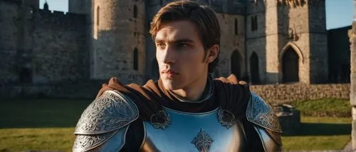 Knight, medieval, male, strong jawline, short brown hair, blue eyes, heroic expression, silver armor, intricate design, cape flowing behind, sword in hand, shield on back, standing heroically, grand c