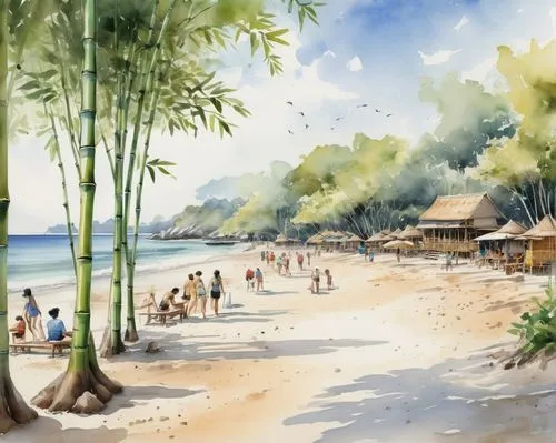 seascape, watercolor ARCHITECTURAL ILLUSTRATION. VISUALIZE PLAYA MACAO SEA BEACH AS AN ACCESSIBLE COASTLINE FOR THE PUBLIC.  ILLUSTRATE A WALKING PATH ALONG THE SHORE LINE. ADD PEOPLE WALKING AND BIKI