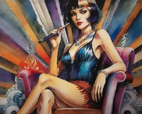 art deco woman,watercolor pin up,flapper,dita,rockabella,femme fatale,la violetta,ann margarett-hollywood,cabaret,neo-burlesque,retro woman,pin-up girl,coquette,mercury,art deco,showgirl,cleopatra,mai tai,cruella,pin up girl,Illustration,Paper based,Paper Based 03