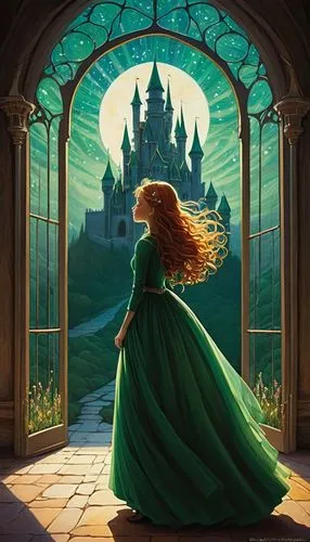 merida,rapunzel,tiana,cinderella,sylvania,belle,fantasia,green aurora,nargothrond,a fairy tale,fairy tale,disneyfied,fairy tale character,principessa,kvothe,princess anna,fairy tale castle,celtic queen,elona,demelza,Illustration,Abstract Fantasy,Abstract Fantasy 19