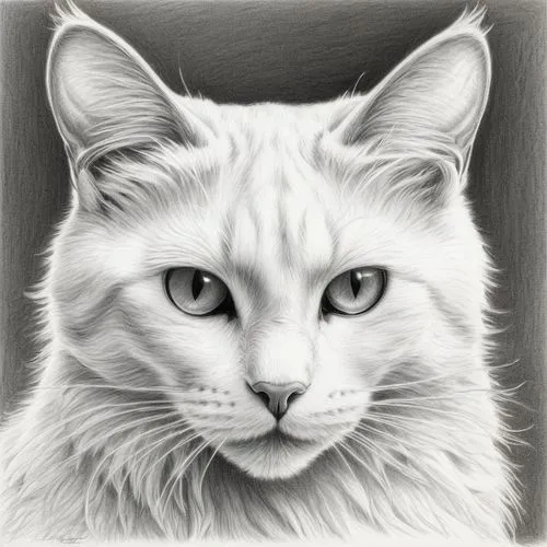 white cat,drawing cat,siberian cat,cat portrait,cat line art,pet portrait,Illustration,Black and White,Black and White 30