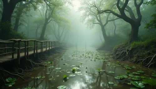 flooded pathway,wooden bridge,foggy forest,foggy landscape,nature wallpaper,forest path,swamps,forest landscape,the mystical path,green forest,fairytale forest,fairy forest,nature landscape,tropical forest,holy forest,forest lake,forest of dreams,swamp,enchanted forest,wetland,Photography,General,Realistic