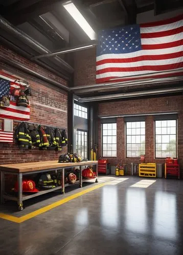 Modern fire station interior, industrial chic style, brick walls, concrete floors, steel beams, functional pipes, rescue equipment, helmets, firefighters' uniforms, lockers, wooden benches, inspiratio