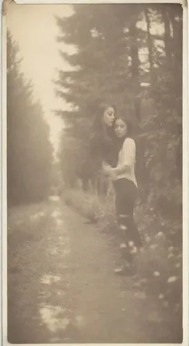 an old fashioned po of two women hugging in the woods,pictorialism,tintype,pictorialist,vintage photo,woman walking,tintypes,Photography,Polaroid