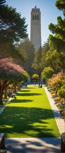 University of California Berkeley, landscape architecture, sunny day, blue sky with few white clouds, sprawling green lawn, various types of trees (oak, pine, palm), blooming flowers and bushes, meand