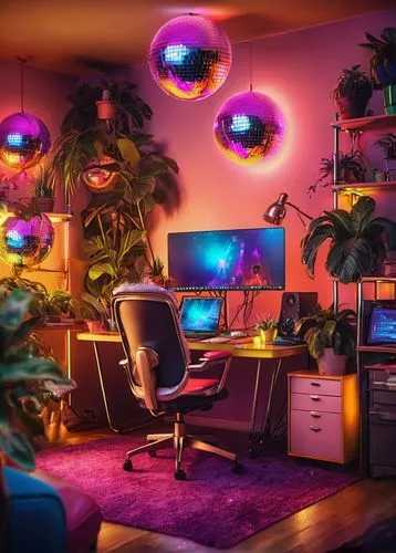 ufo interior,computer room,neon cocktails,colored lights,cyberpunk,creative office,the living room of a photographer,cyberscene,neon coffee,aesthetic,brighthouse,80's design,colorful light,computer art,neon candies,cybercafes,retro lamp,electrohome,playing room,neon light,Illustration,Realistic Fantasy,Realistic Fantasy 38