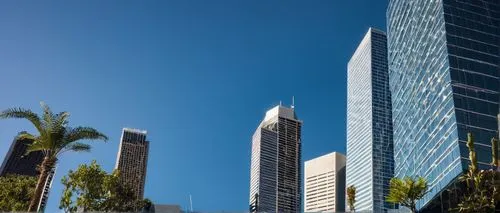 Modern skyscraper, LA cityscape, top architecture firm, glass and steel building, sleek lines, minimalist design, rooftop garden, city view, downtown LA, afternoon sun, warm lighting, 3/4 composition,