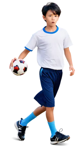 Koki, Shota, solo, (12yo), cute facial expression, sparkling eyes, short black hair, white shirt, blue shorts, running shoes, holding a soccer ball, energetic pose, dynamic composition, bright sunligh