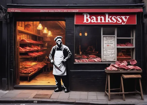 bakery,butcher shop,pastry shop,banks,bakery products,pâtisserie,brandy shop,bacon sandwich,fishmonger,confectioner,shopkeeper,confectionery,bacon rolls,back bacon,smoked fish,french confectionery,greengrocer,chalk drawing,clerk,cake shop,Conceptual Art,Graffiti Art,Graffiti Art 12