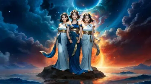 create a photo realistic image of three beautiful  Japanese very voluptuous goddesses. All three are floating in the void near a nebula in the back ground. All three females have beautiful angelic-lik