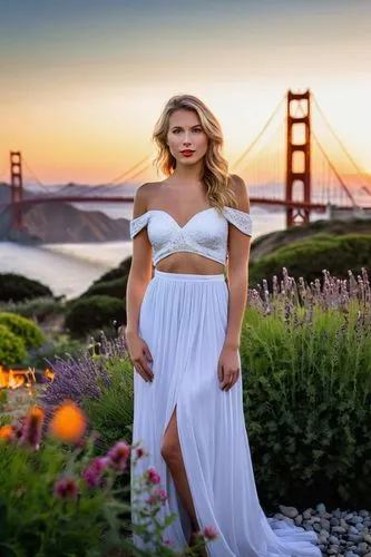 A stunning portrait full body of a beautiful caucasian girl 22 years old, blonde hair, green eyes, red lips , wearing a beautiful white dress stand up in a balcony at sunset whit the bridge golden gat