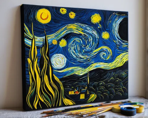 starry night,vincent van gogh,art painting,space art,vincent van gough,moon and star background,solar system,fabric painting,night sky,starry sky,the night sky,oil painting on canvas,jupiter moon,moon valley,the moon and the stars,hanging moon,art paint,moon addicted,rock painting,painting technique,Art,Artistic Painting,Artistic Painting 03