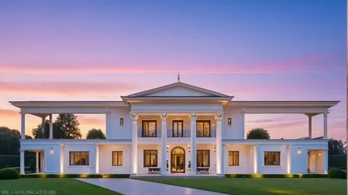 a luxurious neo classical style villa with beautiful landscape, with night lights and spotlights and lamps along a car and human figure walking  ,palladian,brenau,istana,palladianism,rosecliff,mansion