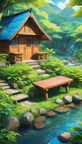 cartoon video game background,landscape background,summer cottage,ryokan,japanese shrine,idyllic,Illustration,Japanese style,Japanese Style 03