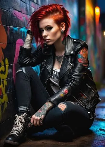 Red hair, vibrant tattoos, punk rock style, young adult woman, bold makeup, pierced nose, black leather jacket, ripped skinny jeans, heavy boots, sitting on a graffiti-covered wall, urban cityscape, n