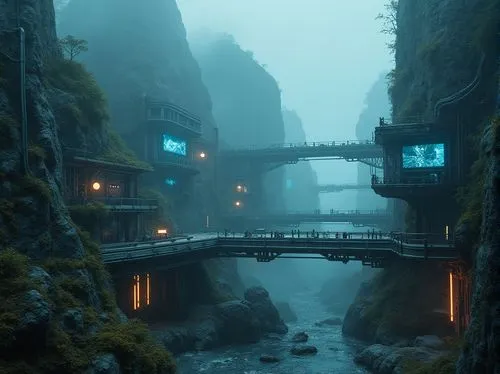 futuristic landscape,adventure bridge,environments,ravine,shaoming,myst,narrows,mining facility,undock,fantasy landscape,arcology,ancient city,ravines,hangman's bridge,outpost,virtual landscape,walkway,biotope,scenic bridge,industrial ruin,Photography,General,Realistic