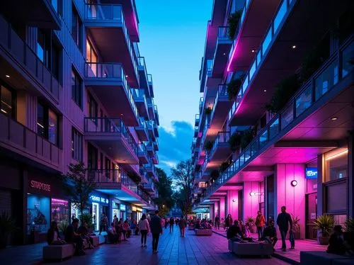 Vibrant neon lights, futuristic fa\u00e7ade design, metallic surfaces, angular lines, minimalist balconies, urban social housing, nightlife-inspired architecture, LED light installations, dynamic patt