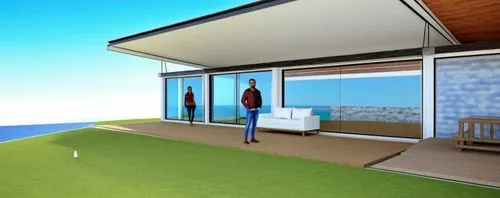 render casa de campo moderna,the rendering shows people walking towards a modern living area on the shore,sketchup,3d rendering,smart house,screen golf,cube stilt houses,renderings,Photography,General