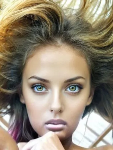 Hermosa, grandes ojos claros color miel, el cabello hace remolinos con el viento,  imagen en ultra HDR, súper HD, alta calidad de imagen,a woman with long brown hair and bright blue eyes,green eyes,hy