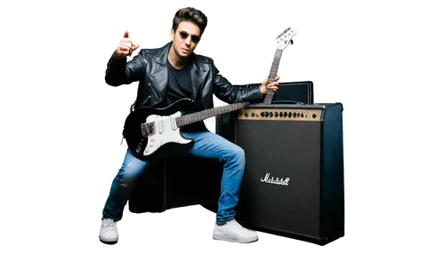 Electric guitar, metal riff, distortion effect, amplifier, Marshall stack, rockstar pose, fingers on fretboard, pick in hand, black leather jacket, ripped jeans, sneakers, spotlight, smoky atmosphere,