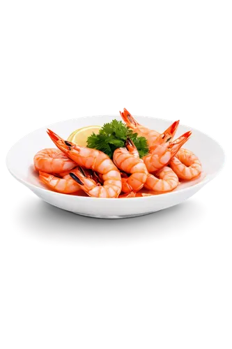 Delicious plate, seafood dish, multiple prawns, garnished with lemon, parsley, and garlic, white ceramic plate, shiny surface, studio lighting, close-up shot, shallow depth of field, vibrant colors, h