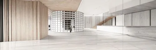 wooden sticks, concrete floor, wooden modern stair, reception desk concrete with wood , light from outside, people walking, trees outside,hallway space,3d rendering,daylighting,penthouse apartment,win