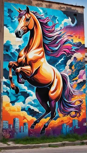 ((mefisto num lindo lugar numa pose sensual, pintada num mural de um prédio)). Sunset and lightning with lots of horse.This transformation is captured in high-definition. Surrounding iridescent bodies