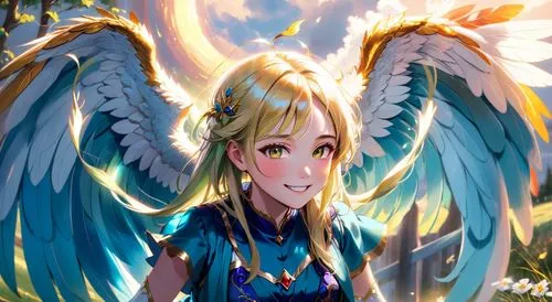 a young girl with long golden hair and a bright smile sits on a grassy hill, her dress billowing in the wind. She is whiting a large wings with a mischievous grin, its wings fluffing up as it whits. T