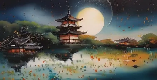 japanese art,mid-autumn festival,chinese art,japan landscape,oriental painting,world digital painting,japanese background,fantasy landscape,moonlit night,night scene,tsukemono,lanterns,asian architect