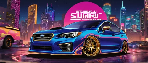 Design a Subaru badge of ownership for a luxurious sedan in a bustling city at night.,zagreb auto show 2018,3d car wallpaper,subaru,suzuki swift,subaru impreza wrx sti,supercar week,suzuki splash,supe