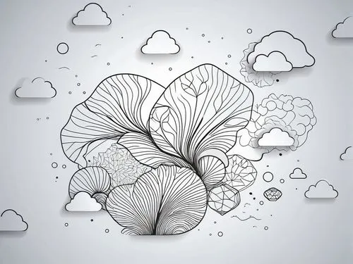 abstract black and white graphic design, with clouds,cloud mushroom,paper flower background,paper clouds,raincloud,spring leaf background,cloud image,Illustration,Black and White,Black and White 04