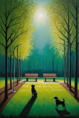 park bench,forest ground,playing field,forest landscape,green landscape,dog playing,oil painting on canvas,golf landscape,kittelsen,walking dogs,green forest,bench,walk in a park,dog street,boy and dog,green space,barkus,golf course background,benches,oil on canvas,Illustration,Abstract Fantasy,Abstract Fantasy 15