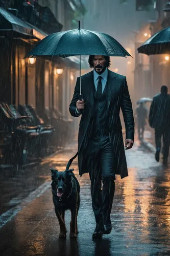 man with umbrella,walking in the rain,harvey,rain cats and dogs,overcoat,cyberpunk,casablanca,luther,detective,boy and dog,companion dog,the dog,daniel craig,a black man on a suit,cinematic,perro de presa canario,dizi,raindops,the stake,cane corso,Photography,General,Fantasy