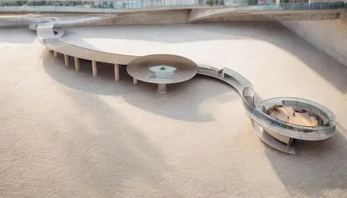 Create a detailed architectural visualization of a circular ramp with a canopy roof. The ramp connects a modern bridge . The bridge features sleek, contemporary design elements with minimalist railing