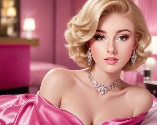 A beautiful buxom seductively dressed woman with peroxide blonde hair in a short bob, and sparkling hazel eyes. bold colourful makeup, wrapped in a pink satin sheet, pale skin, luscious lips, in love,