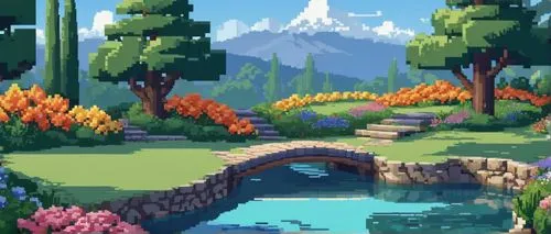 pixel art,adventure bridge,a small waterfall,mountain spring,lily pond,pond,fairy village,garden pond,mountain world,fairy world,small landscape,koi pond,wishing well,mushroom landscape,oasis,skylands,crescent spring,lagoon,nature garden,tileable,Unique,Pixel,Pixel 01