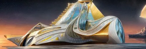 magnificent imperial gold platinum yacht with enormous scales, all detailing on its side with windows and openings with premium finish design concept material, modern and environmental, scenario of a 