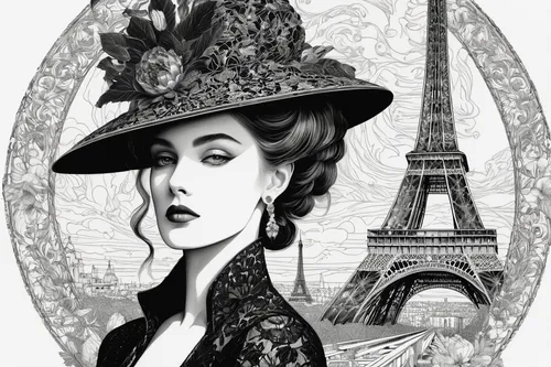 paris clip art,fashion illustration,universal exhibition of paris,vintage illustration,paris,french digital background,victorian lady,the hat of the woman,vintage fashion,vintage woman,globe trotter,city ​​portrait,eiffel,art deco woman,hat vintage,black hat,paris cafe,vintage drawing,parisian coffee,travel woman,Illustration,Black and White,Black and White 09