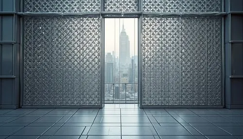 Modern design, perforated metal material, geometric pattern, industrial chic, urban atmosphere, cityscape background, sleek lines, minimalist aesthetic, silver tone, reflective surface, intricate deta