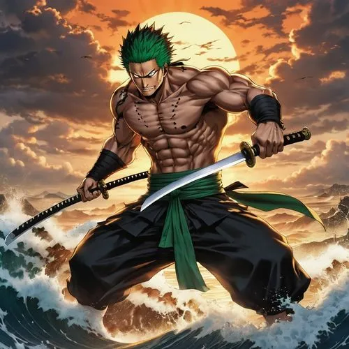 The renowned pirate Zoro, in his iconic anime style, wielding three swords simultaneously. He stands tall and powerful, his muscular build emphasized by his black and white striped t-shirt and baggy p