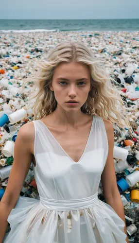 fashion model in white plastic dress, standing in a sea of plastic waste, close-up shot, minimalist composition with negative space, daytime, beach, Leica Summicron-M 35mm,ocean pollution,plastic wast